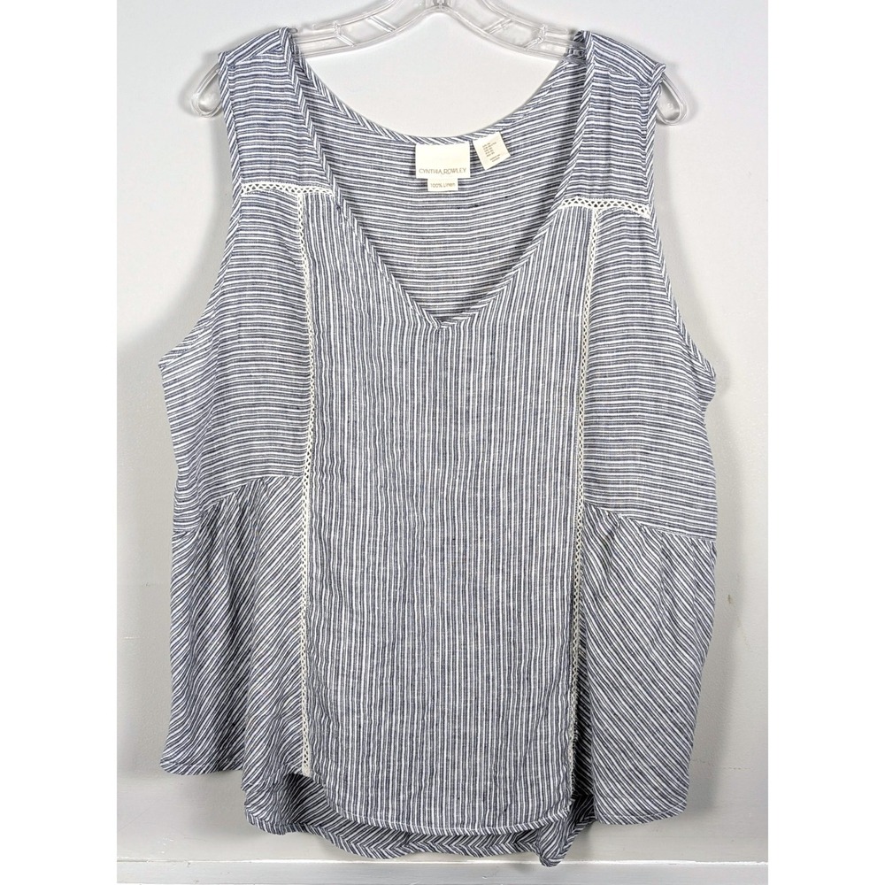 Cynthia Rowley Blue White Striped Linen V-Neck Peplum Tank Top XL Lace Trim